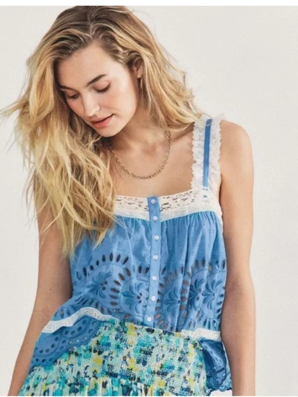 LoveShackFancy Light Blue Broderie Eyelet Cami with White Lace Trim